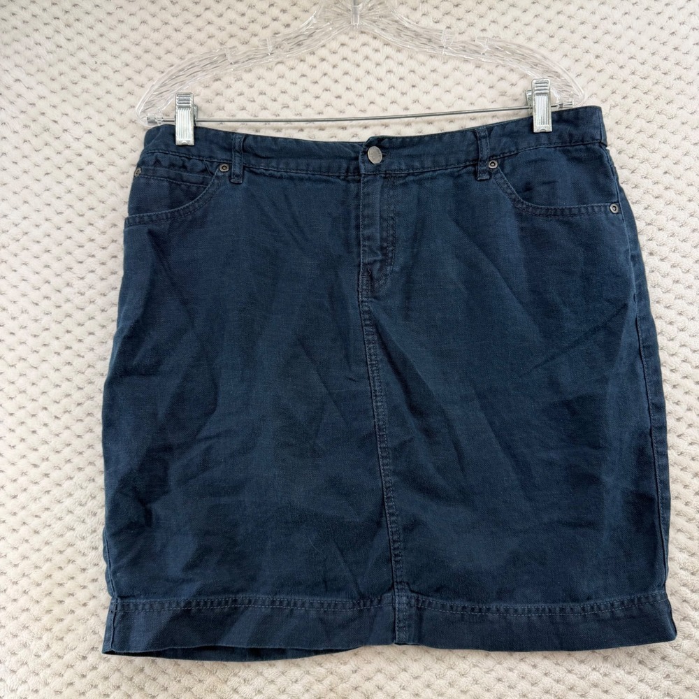 J. Jill Skirt Women 12 Navy Blue 100% Linen 5-Pocket Mini Straight Casual - Picture 2 of 10